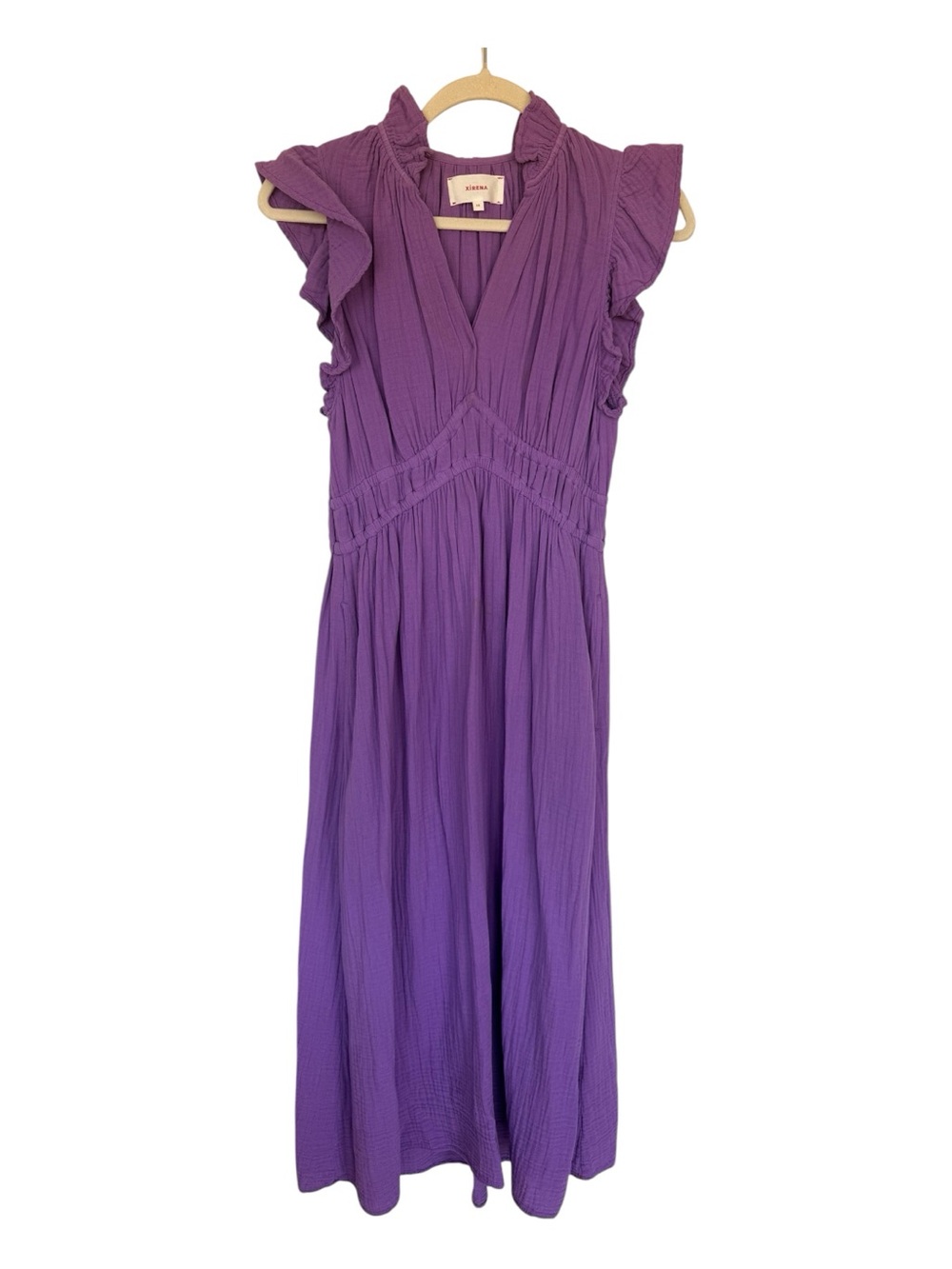 XiRENA Violet Purple Midi Dress with Ruffle Sleeves